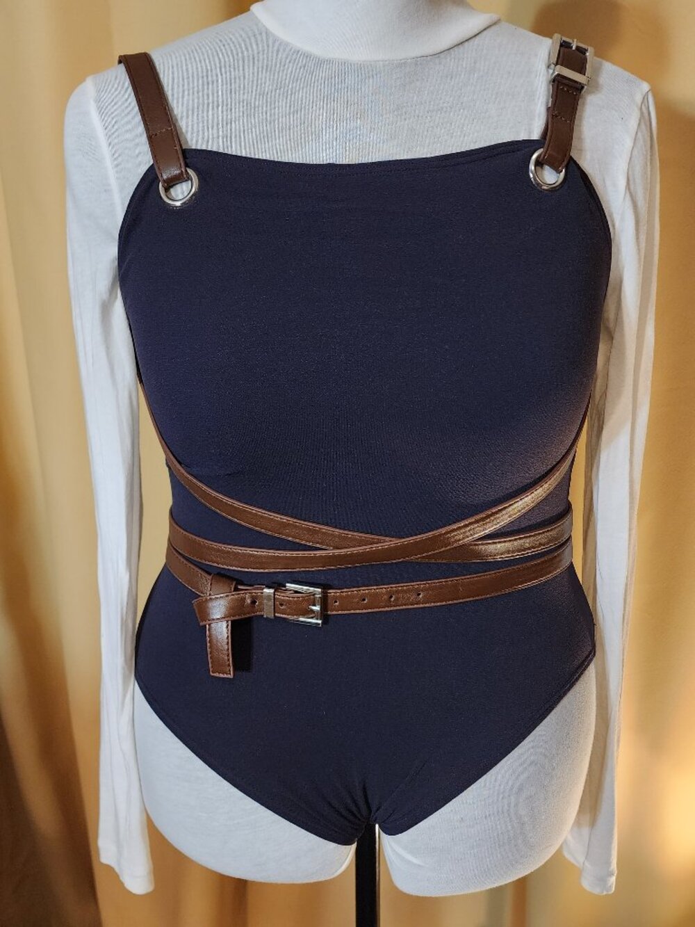 ⎈NWOT Michael Kors Sz 10 Navy Jersey & Faux Leather Wrap Straps 1-Piece Swimsuit